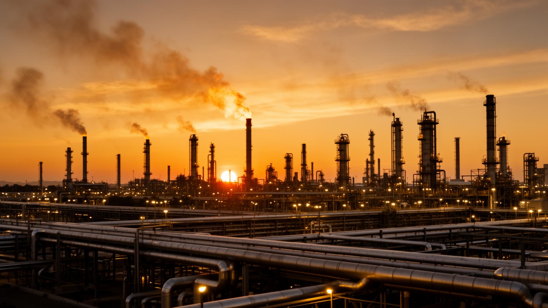 Industrial oil refinery at sunset